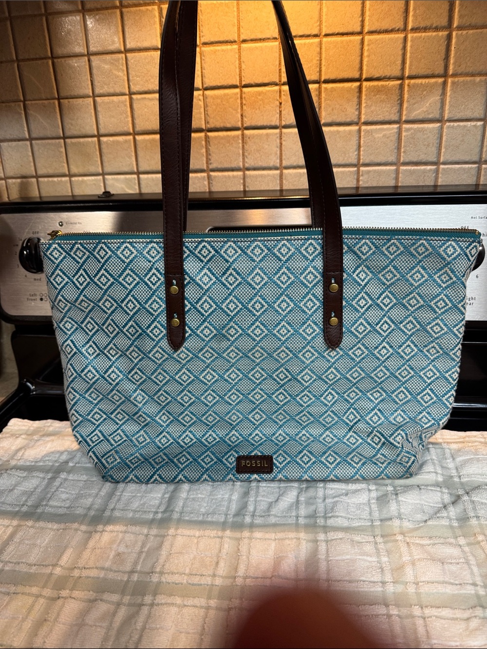 Fossil Blue and Brown Jenna Tote Bag with Brown Handles